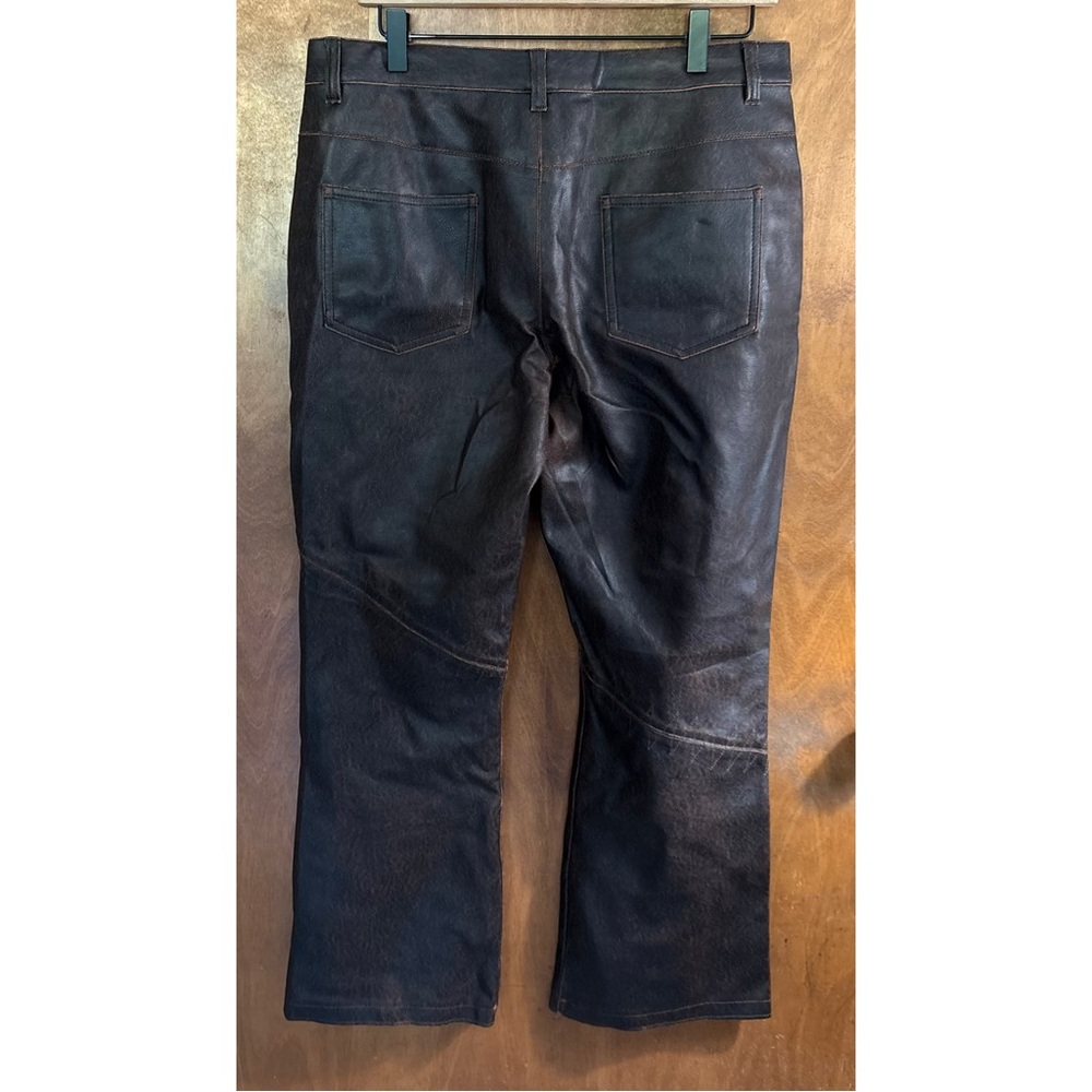 VINTAGE Chocolate Brown Patchwork Low Rise Faux Leather Flare Pants Y2K Goth 90s - Picture 2 of 16
